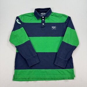 Vintage Nautica Jeans Co Rugby Polo Shirt Mens XL Green Blue Striped Long Sleeve